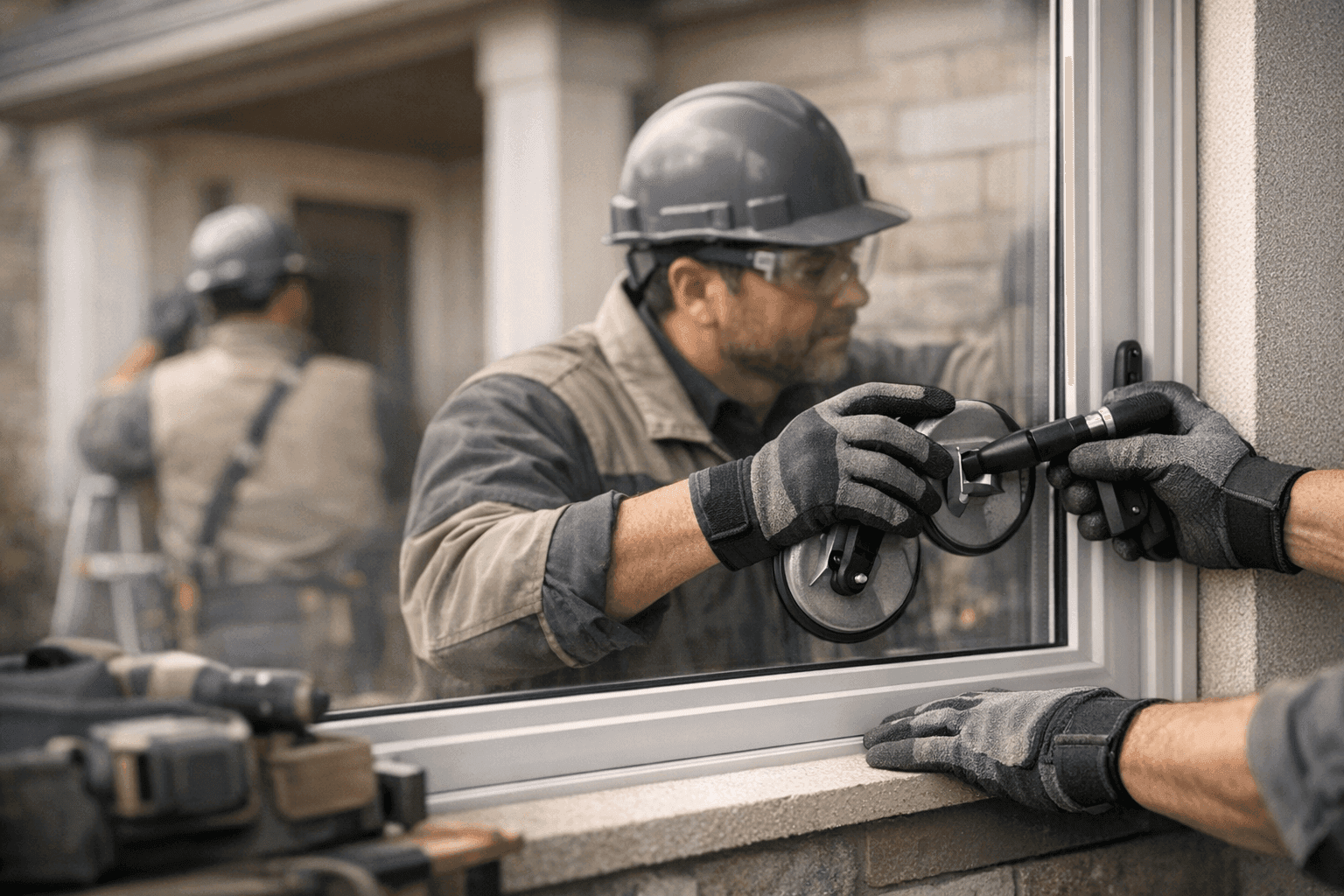 Worker installing a residential window wearing safety gear on a clean home exterior