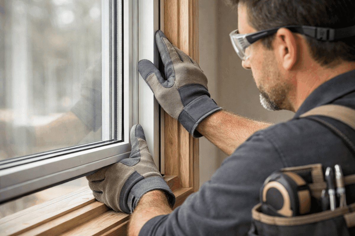 Close-up of gloved hands fitting a double-pane window into a residential frame